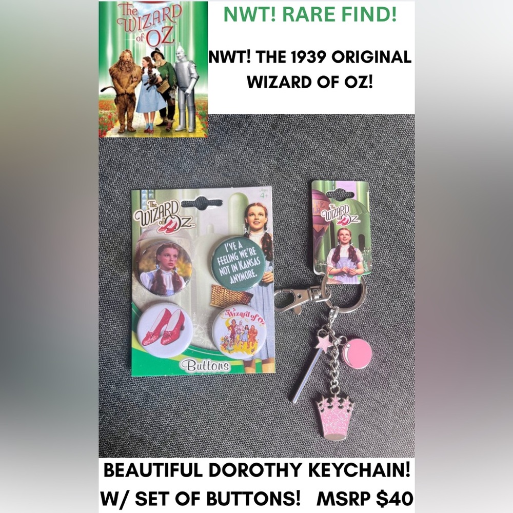 NWT! WIZARD OF OZ BUNDLE! KEYCHAIN & BUTTON SET! WIZARD OF OZ! 2 MAGNETS!